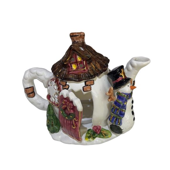 Christmas Dazzle Ceramic Teapot House Tea Light Candle Holder Snowman 9x6x5.5 - Picture 6 of 12